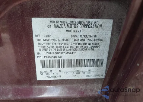 2007 Mazda Mazda6 I Sport Ve z USA, uszkodzony, nr VIN 1YVHP80C575M52413